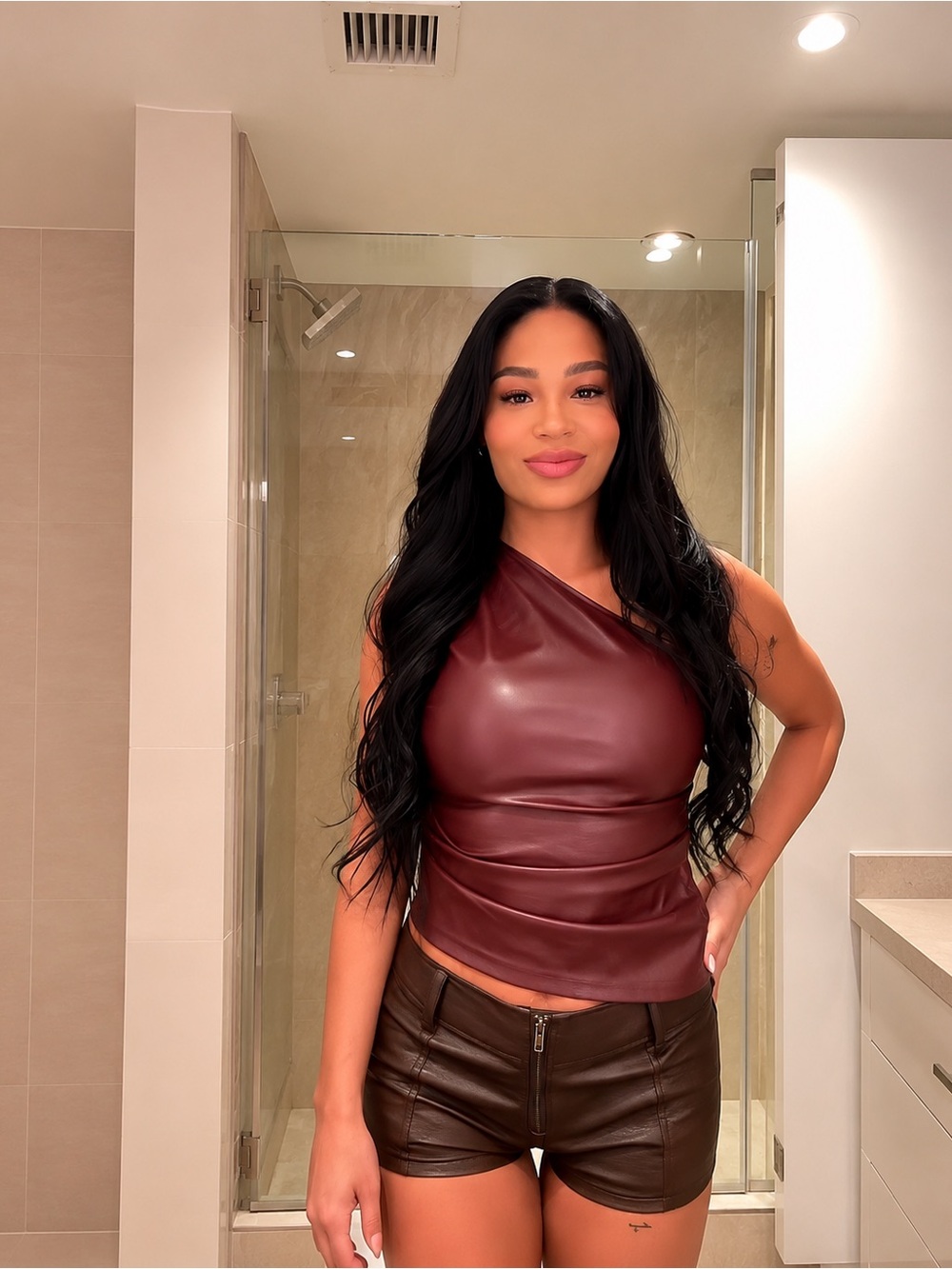 Sleeveless Asymmetrical Faux Leather Top in Burgundy